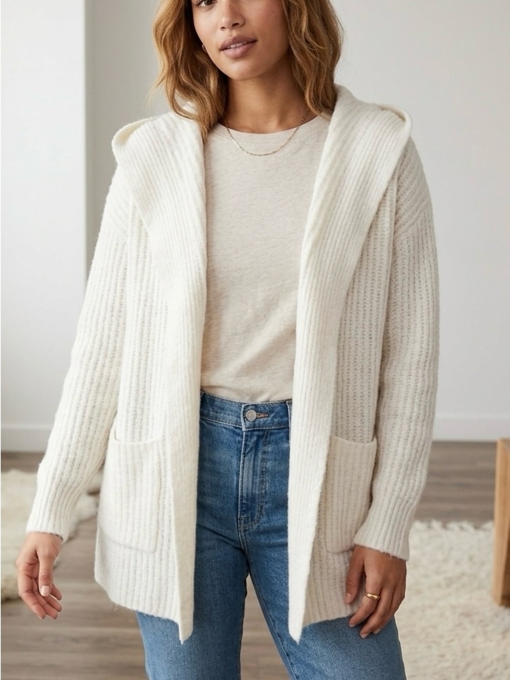 GAP Cream Hooded Ribbed Open-Front Cardigan
